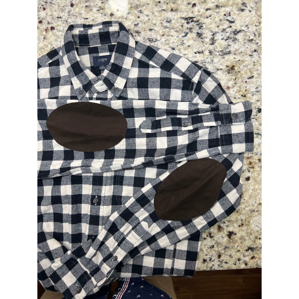 J.Crew Mens XS Buffalo Check Flannel Shirt Black White Elbow Patches Button Down